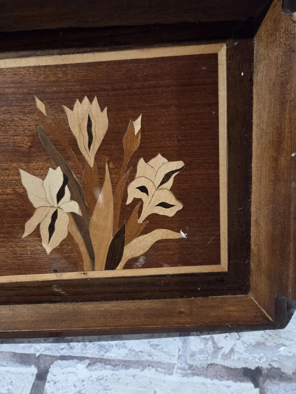 Wood Inlay Serving Tray with Floral Design - Brown